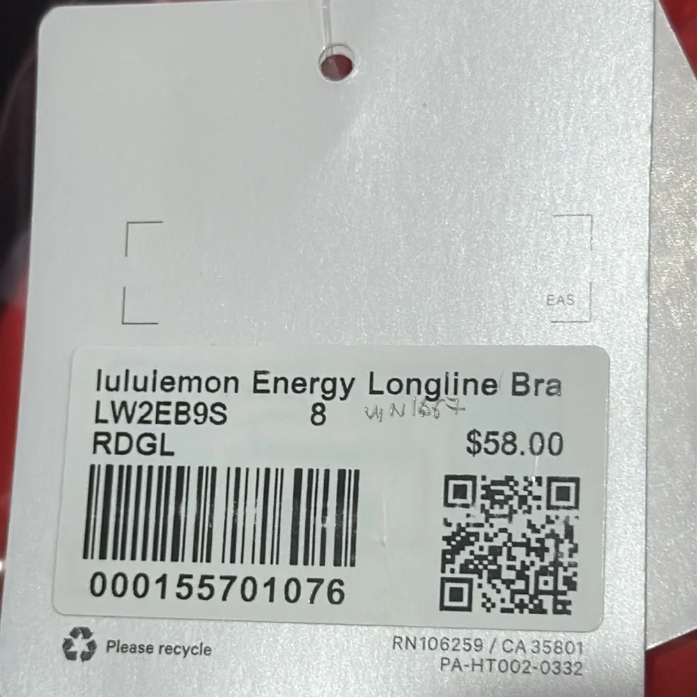 Lululemon Energy Longline Bra B–D Cups Red Glow size 8 NWT SPORTS BRA - Picture 8 of 9